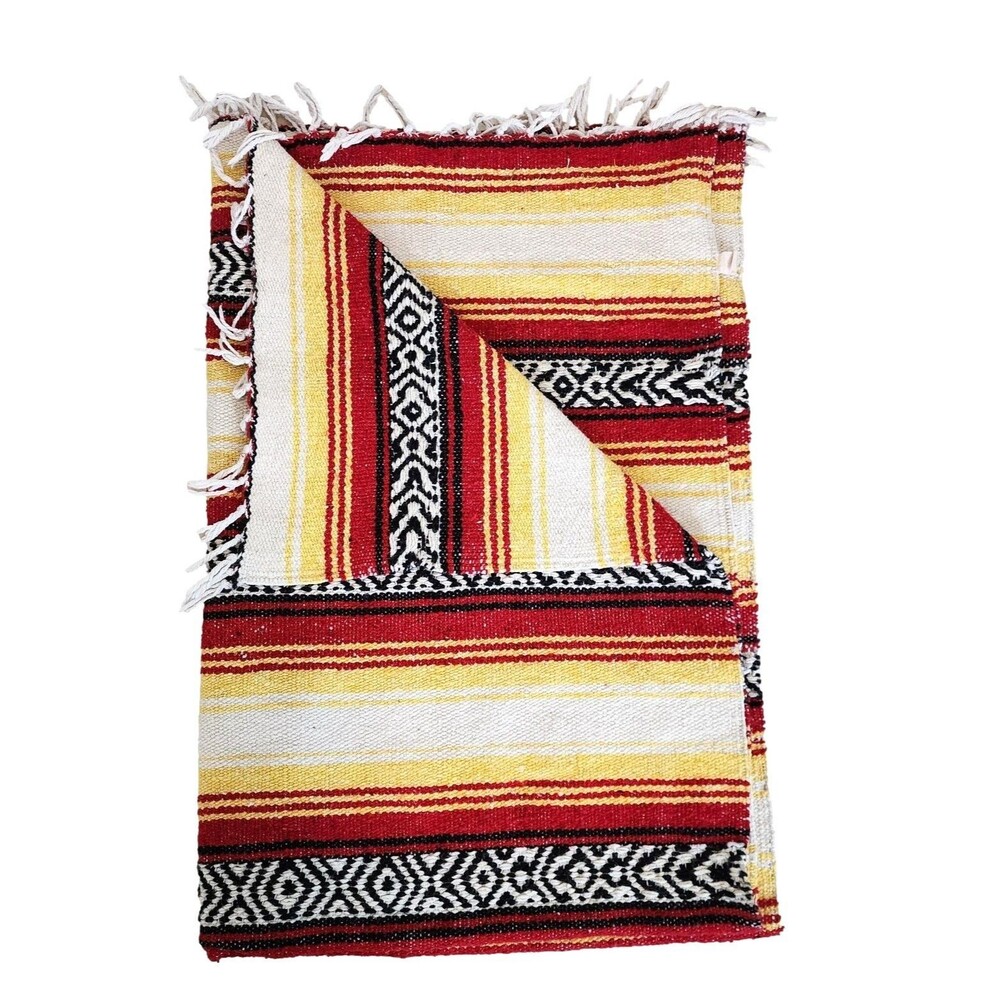 Mexican Cozy Woven Blanket or Sarape in Red / Yellow / Black & White